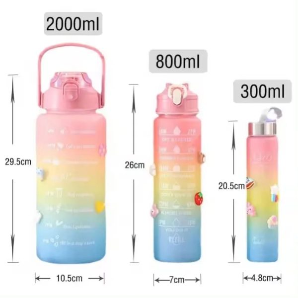3 Pack Water Bottles With 2l Large Bottle 700mlportable Bottle And 300ml Mini Bottle Motivational (random Color)