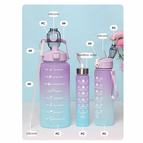 3 Pack Water Bottles With 2l Large Bottle 700mlportable Bottle And 300ml Mini Bottle Motivational (random Color)